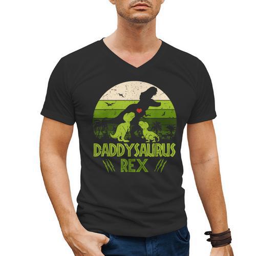 Daddysaurus Rex 2 Kids Sunset Tshirt For Fathers Day Men's V-Neck T-Shirt - Father's Day Fun