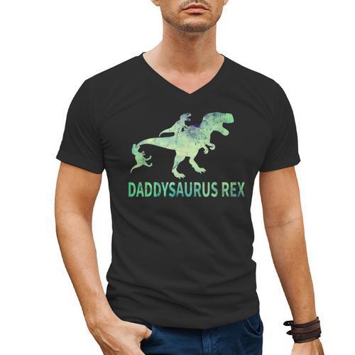 Daddysaurus T Rex Dinosaur Daddy Saurus Dad 2 Two Kids Dino Men's V-Neck T-Shirt - Father's Day Fun