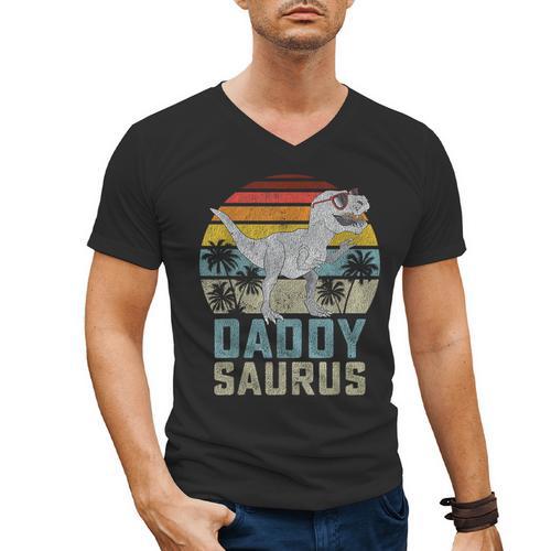 Daddysaurus T Rex Dinosaur Daddy Saurus Family Matching Men's V-Neck T-Shirt - Father's Day Fun