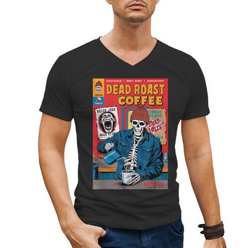 Dead Roast Coffee Comic Book Cover Style Skeleton Barista Men's V-Neck T-Shirt - Bookorys