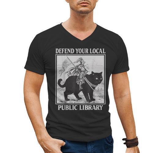 Defend Your Local Library Knight Cat Rider Book Lover Men's V-Neck T-Shirt - Bookorys