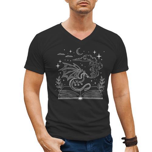 Dragon Flying Out Of Book Lover Bookworm Fantasy Novels Men's V-Neck T-Shirt - Bookorys AU