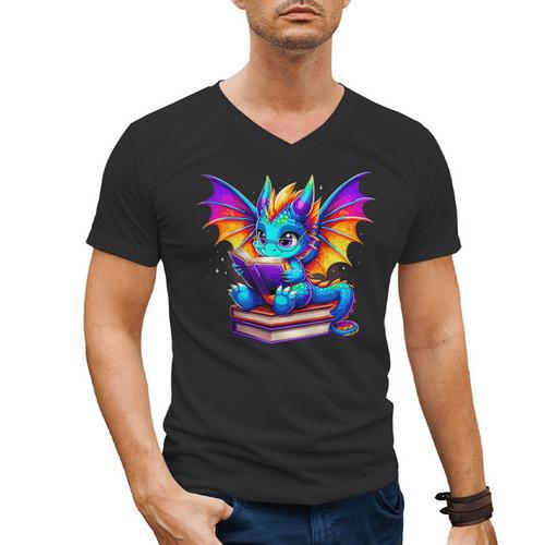 Dragon Reading a Book Bookworm Book Men's V-Neck T-Shirt - Bookorys AU