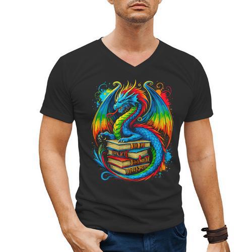 Dragon Reading Colorful Fantasy Book Lover Men's V-Neck T-Shirt - Bookorys AU