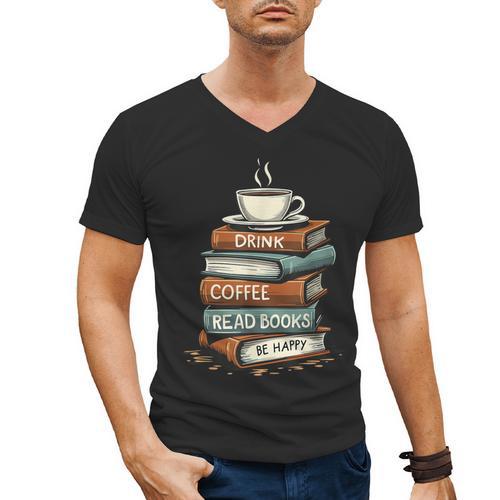 Drink Coffee Read Books Be Happy Caffeine Espresso Men's V-Neck T-Shirt - Bookorys