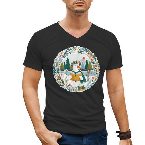 Duck Wilderness Book Reading Illustration Floral Men's V-Neck T-Shirt - Bookorys DE