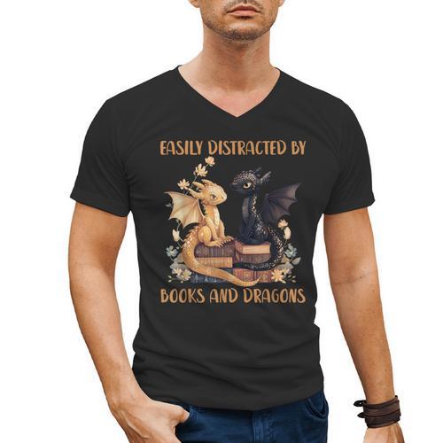 Easily Distracted By Books & Dragons Librarian Book Lover Men's V-Neck T-Shirt - Bookorys UK