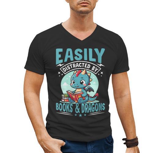 Easily Distracted By Books And Dragons Nerds Men's V-Neck T-Shirt - Bookorys AU