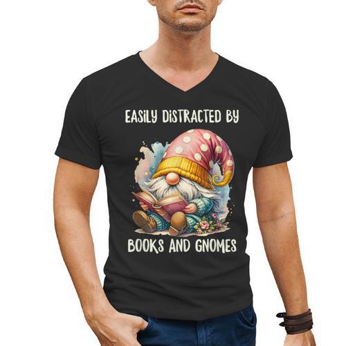 Easily Distracted By Books And Gnomes Book Reading Gnome Men's V-Neck T-Shirt - Bookorys DE