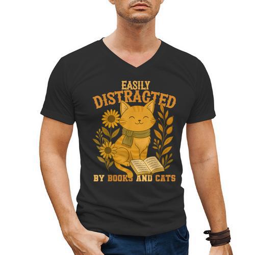 Easily Distracted By Cats And Books Cute Cat Book Lover Men's V-Neck T-Shirt - Bookorys
