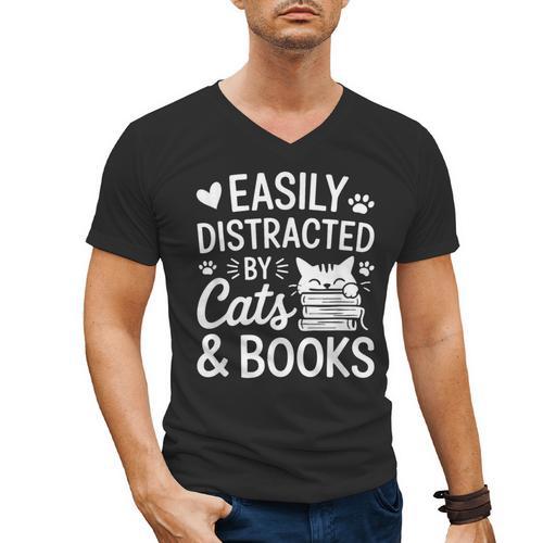 Easily Distracted By Cats And Books Reading Apparel Men's V-Neck T-Shirt - Bookorys AU