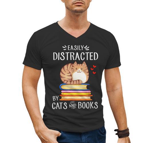 Easily Distracted By Cats And Books Reading Lover Bookish Men's V-Neck T-Shirt - Bookorys