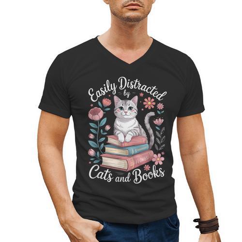 Easily Distracted By Cats And Books Reading Men's V-Neck T-Shirt - Bookorys