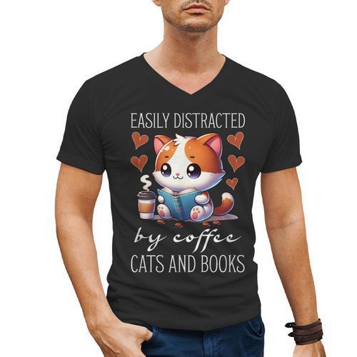 Easily Distracted By Coffee Cats And Books Men's V-Neck T-Shirt - Bookorys AU