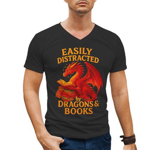 Easily Distracted By Dragons And Books Reading Men's V-Neck T-Shirt - Bookorys