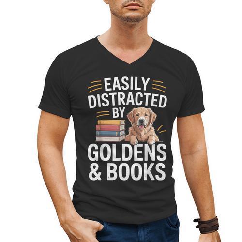 Easily Distracted By Goldens & Books Golden Retriever Dog Men's V-Neck T-Shirt - Bookorys