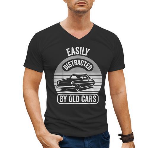 Easily Distracted By Old Cars Graphic Nostalgia Men's V-Neck T-Shirt - Figerry