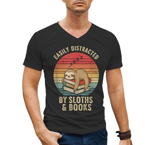 Easily Distracted By Sloths And Books Men's V-Neck T-Shirt - Bookorys DE
