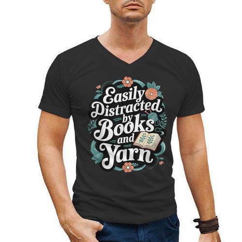 Easily Distracted By Yarn And Books Men's V-Neck T-Shirt - Bookorys