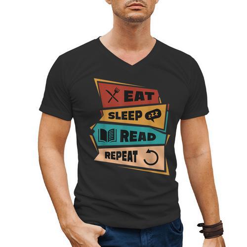 Eat Sleep Read Repeat Reading Books Reader Bookworm Men's V-Neck T-Shirt - Bookorys
