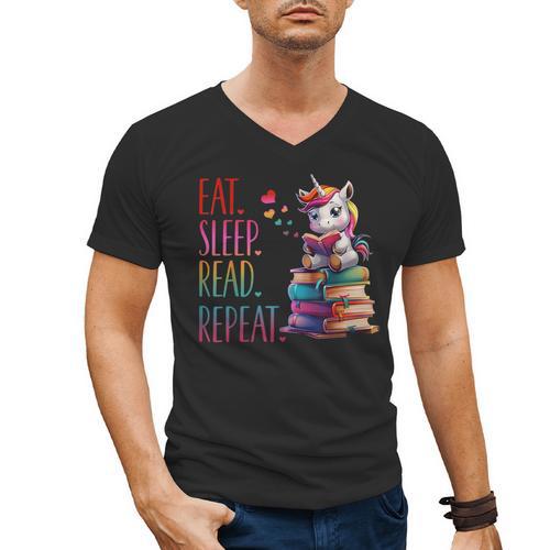 Eat Sleep Read Repeat Unicorn Read Book Reading Lovers Kids Men's V-Neck T-Shirt - Bookorys