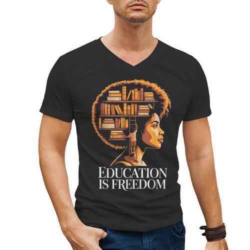 Education Is Freedom Afro Woman Book Illustration Men's V-Neck T-Shirt - Bookorys DE