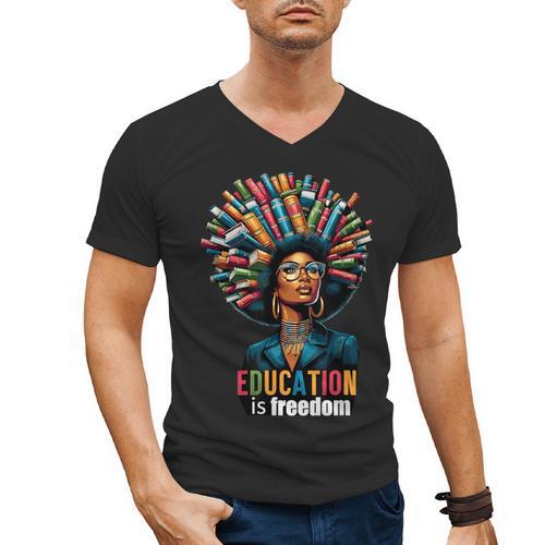 Education Is Freedom History Month Teacher Books Afro For Men Women Men's V-Neck T-Shirt - Bookorys