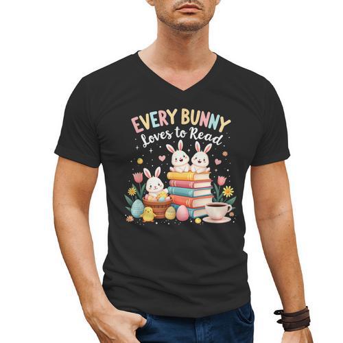 Every Bunny Loves To Read Book Lover Easter Day Apparel Men's V-Neck T-Shirt - Bookorys CA