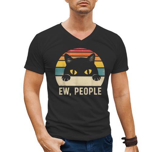 Ew People Retro Cat Vintage Anti-Social Introvert Men's V-Neck T-Shirt - Raresse