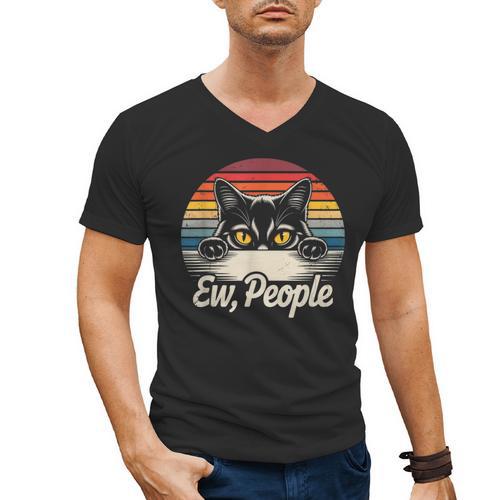 Ew People Retro Cat Vintage Anti Social Introvert Men's V-Neck T-Shirt - Raresse