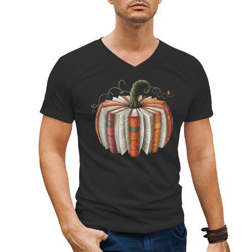 Fall Book Pumpkin Halloween Teacher Librarian Thanksgiving Men's V-Neck T-Shirt - Bookorys