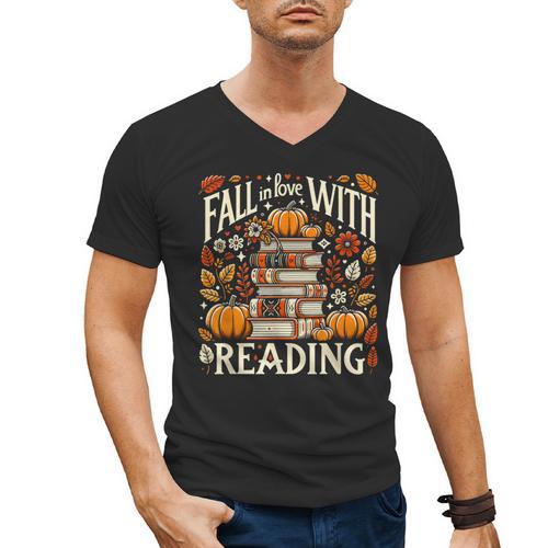 Fall In Love With Reading Book Autumn Pumpkins And Teachers Men's V-Neck T-Shirt - Bookorys CA