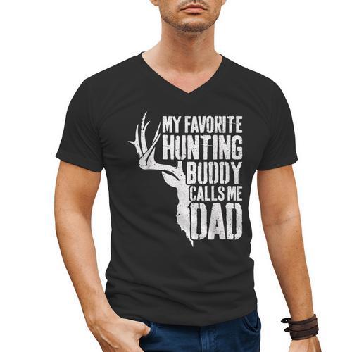 My Favorite Hunting Buddy Calls Me Dad Shirt Men Deer Hunter Men's V-Neck T-Shirt - Father's Day Fun
