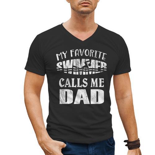 My Favorite Swimmer Calls Me Dad Vintage Swim Pool Men's V-Neck T-Shirt - Father's Day Fun