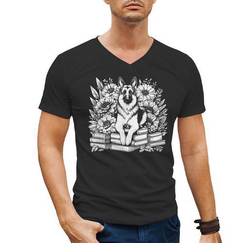 Floral Cottagecore German Shepherd Flower Book Reader Men's V-Neck T-Shirt - Bookorys DE