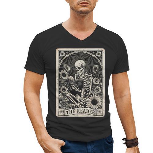 Floral The Reader Tarot Card Skeleton Reading Book Men's V-Neck T-Shirt - Bookorys AU