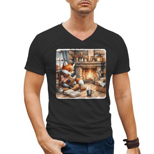 Fox Reads By Fireplace In Cabin Rustic Book Cozy Cup Tea Men's V-Neck T-Shirt - Bookorys CA