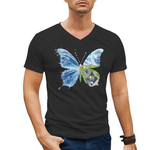 Frutiger Aero Aesthetic Butterfly Computer Fishes Scenery Men's V-Neck T-Shirt - Figerry