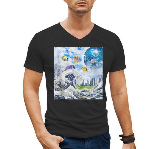 Frutiger Aero Aesthetic Tech Great Wave Of Kanagawa Fishes Men's V-Neck T-Shirt - Figerry