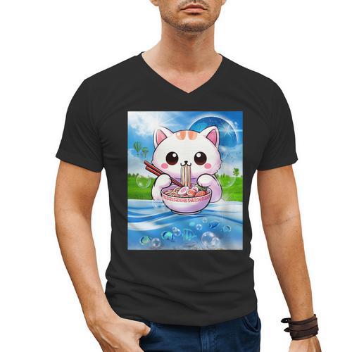 Frutiger Aero Aesthetic Tech Kawaii Ramen Cat Fishes Men's V-Neck T-Shirt - Figerry