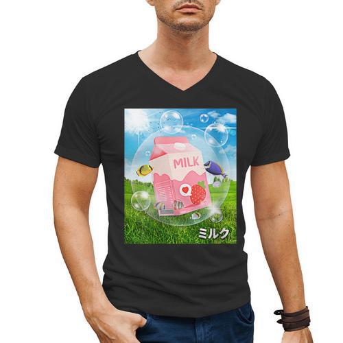 Frutiger Aero Aesthetic Tech Kawaii Strawberry Milk Fishes Men's V-Neck T-Shirt - Figerry