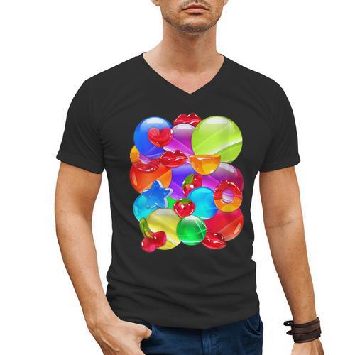 Frutiger Aero Aesthetic Tech Orb Pattern Heart Cherry Lips Men's V-Neck T-Shirt - Figerry
