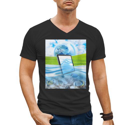 Frutiger Aero Aesthetic Tech Water Fishes Monitor Screen Men's V-Neck T-Shirt - Figerry