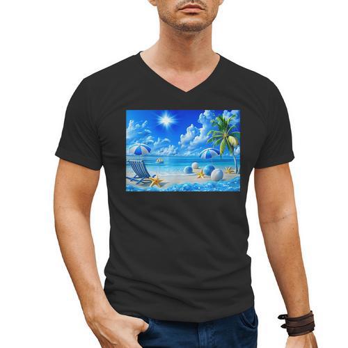Frutiger Aero Beach Y2k Aesthetic Palm Tree Sand Ocean Men Women Girls Kids Men's V-Neck T-Shirt - Figerry
