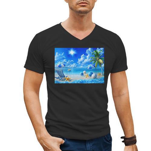 Frutiger Aero Beach Y2k Aesthetic Palm Tree Sand Ocean Men's V-Neck T-Shirt - Figerry