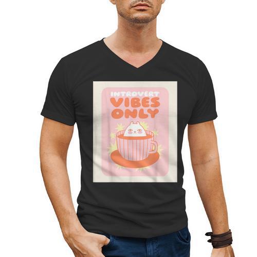 Fun Cool Cute Introvert Cat Character Quote Tea Cup For Men Women Men's V-Neck T-Shirt - Raresse