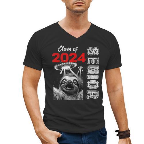 Fun Trendy UFO Sloth Graduation Class Of 2024 Senior Men's V-Neck T-Shirt - Best Gift Smart