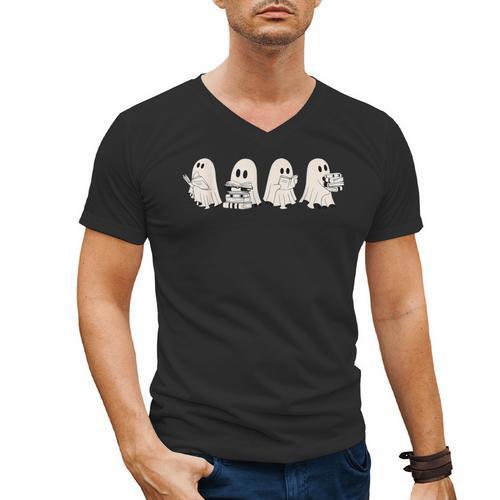 Ghost Book Reading Halloween Books Lover Teacher Kids Men's V-Neck T-Shirt - Bookorys