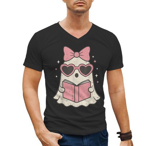 Ghost Reading Book Halloween Cat Lover Men's V-Neck T-Shirt - Bookorys AU