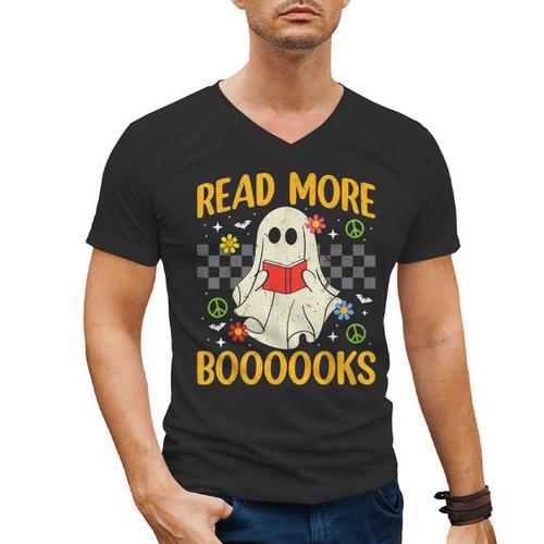 Ghost Reading Books Teacher Student Halloween Read More Book Men's V-Neck T-Shirt - Bookorys DE